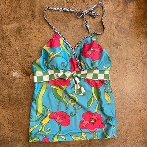 LIME Ricki aqua‎ tropical floral print surplice halter tankini swim top
